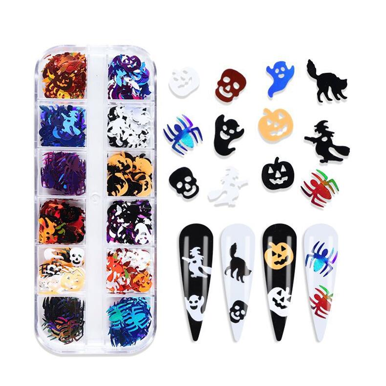 12 tinklelių 3D Skull Ghost nagų blizgučiai