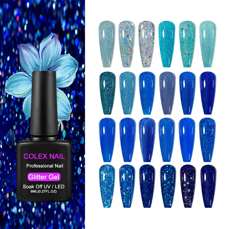 8ml mėlyno blizgučių gelio lako