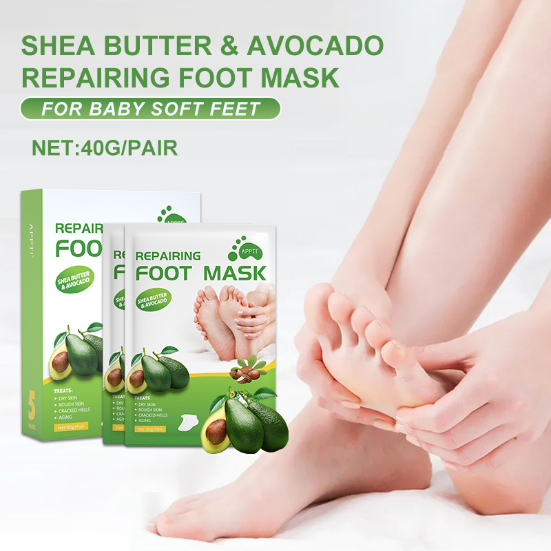 Vienkartinė avokado vitamino E maitinanti pėdų žievelės kaukė